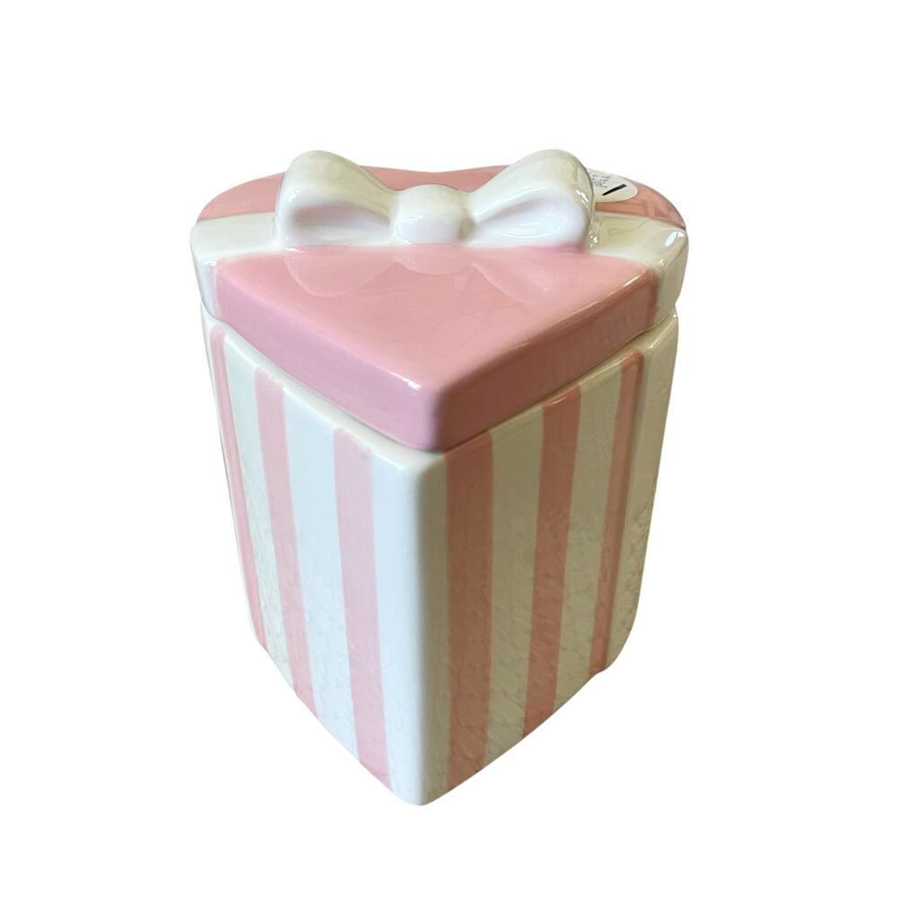 Lang Hand Painted Pink & White Heart Shaped Canister Jar with Bow Lid New